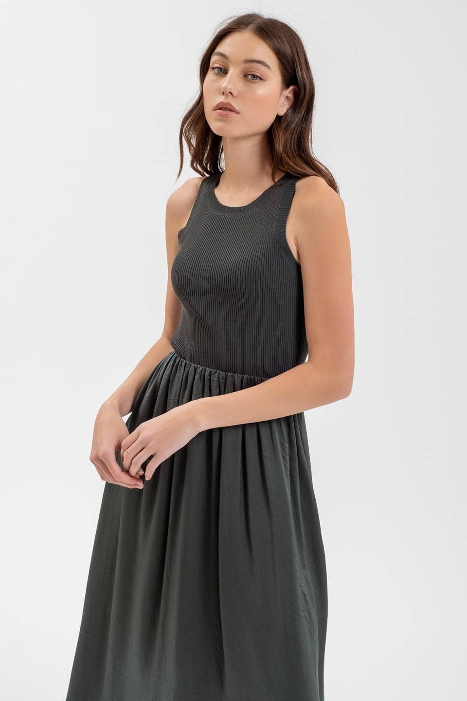 Mixed Media Sleeveless Midi Dress