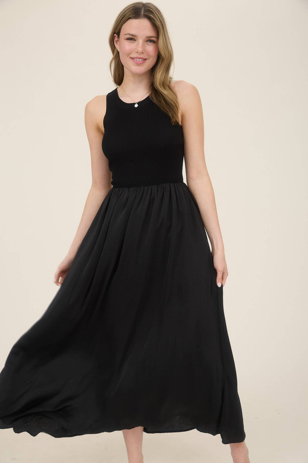 Mixed Media Sleeveless Midi Dress