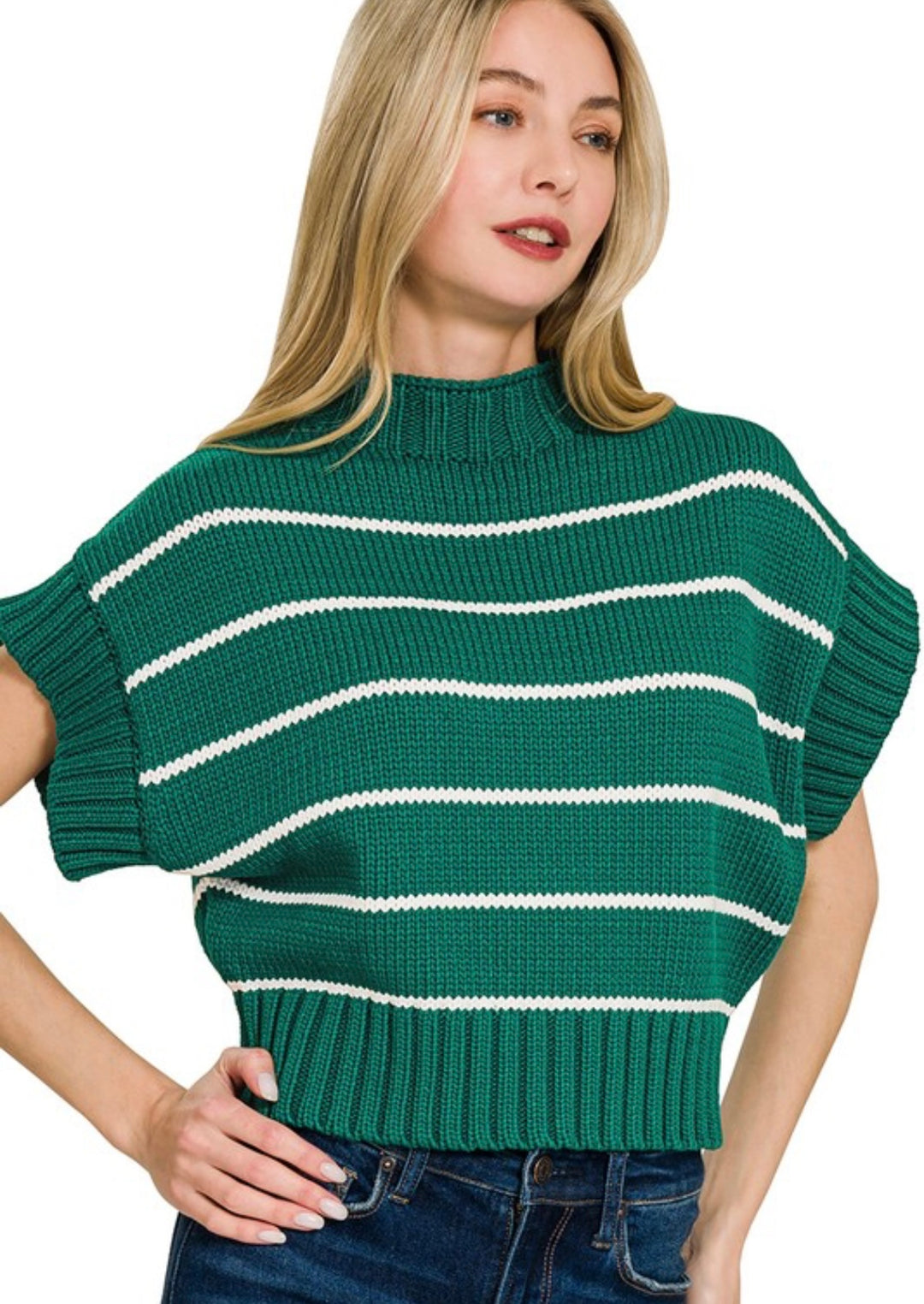 Striped Cropped Mock Neck Sweater