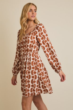 Long Puff Sleeve Waist Tie Abstract Mini Dress