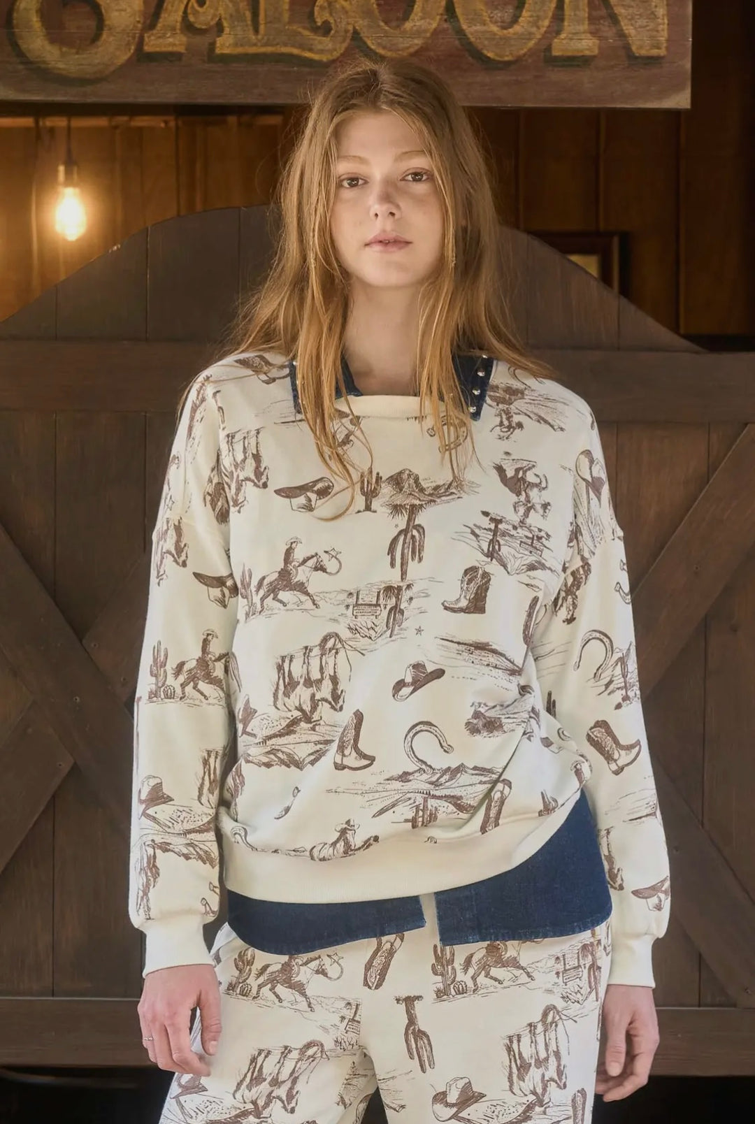Western Print Crew Neck Long Sleeve Knit Top