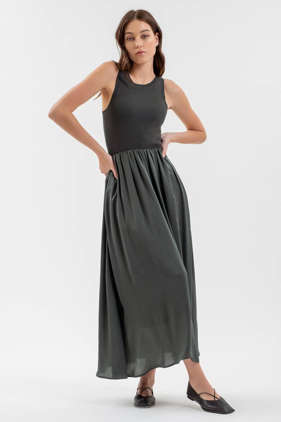 Mixed Media Sleeveless Midi Dress