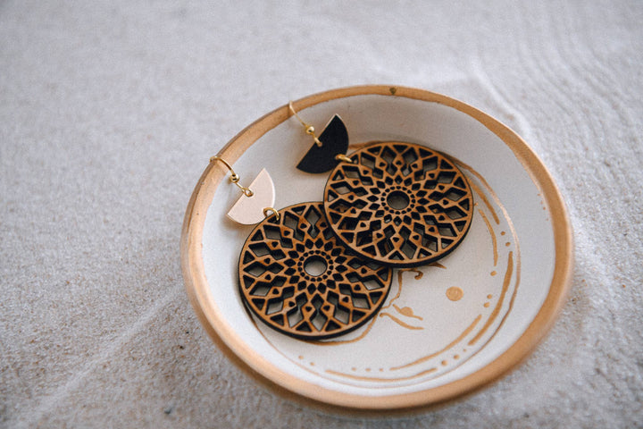 Gold Plated Half Moon and Wood Earrings
