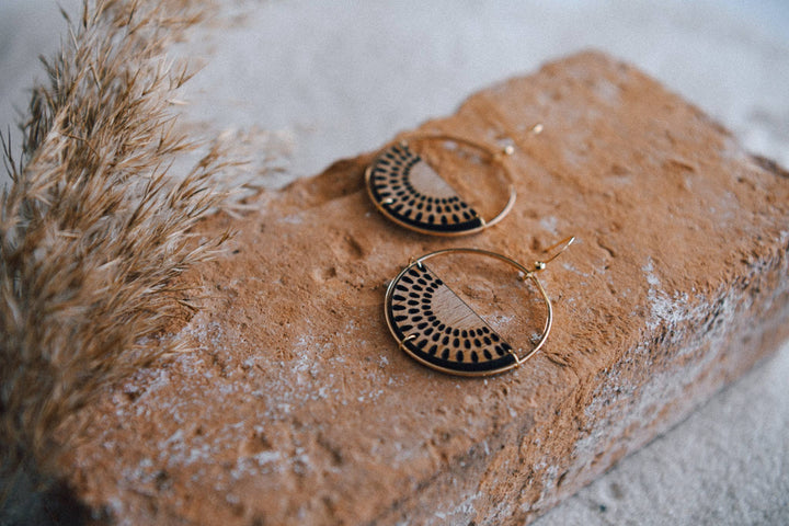 Gold Plated Half Moon and Wood Earrings