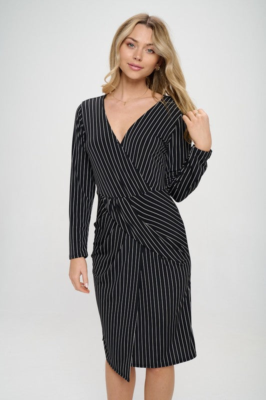 Long Sleeve Draped Knit Print Dress