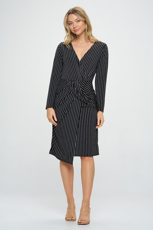 Long Sleeve Draped Knit Print Dress