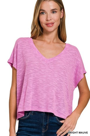 Hacci Slub V-Neck Drop Shoulder Crop Top