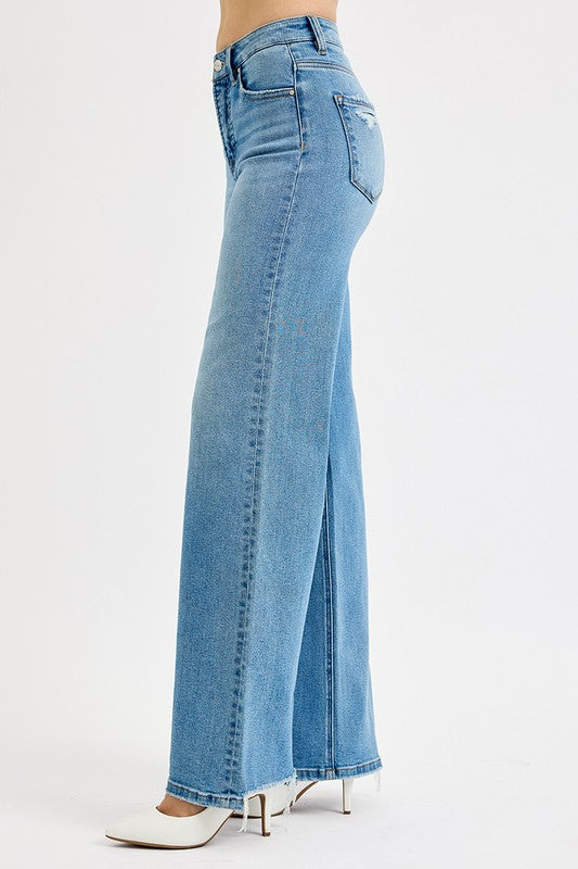 RISEN | Tummy Control High Rise Wide Leg Knee Distress
