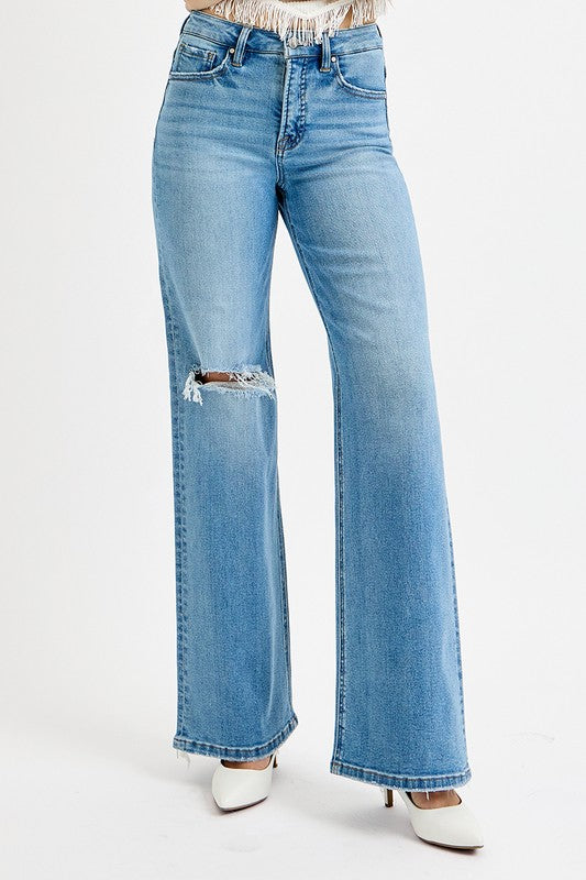 RISEN | Tummy Control High Rise Wide Leg Knee Distress