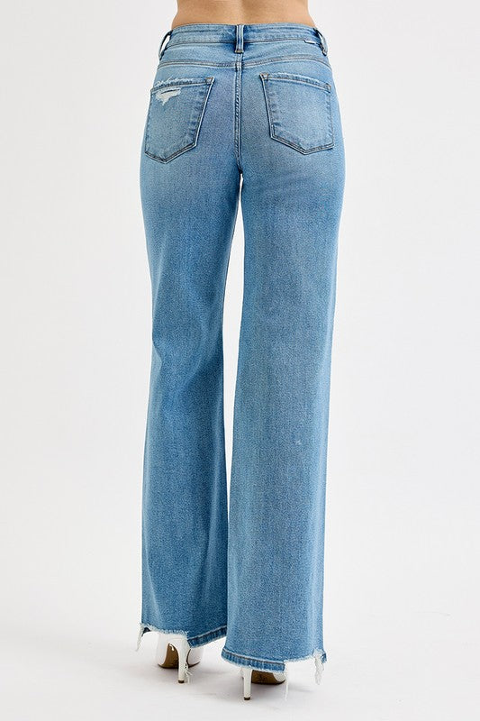 RISEN | Tummy Control High Rise Wide Leg Knee Distress