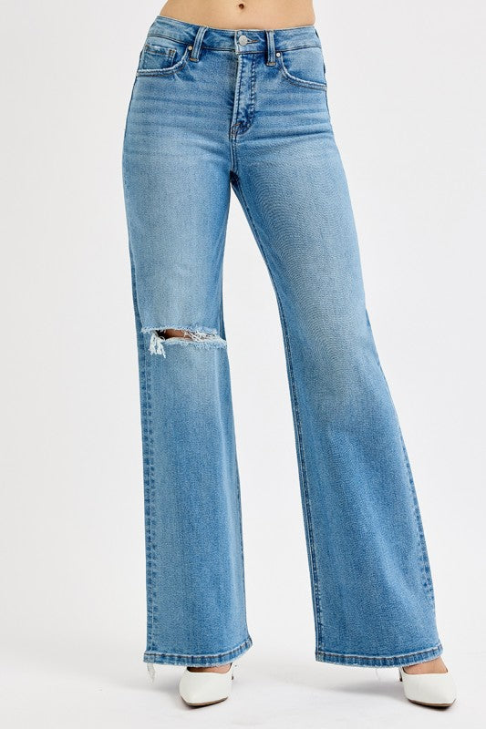 RISEN | Tummy Control High Rise Wide Leg Knee Distress