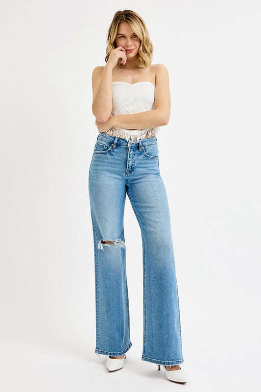 RISEN | Tummy Control High Rise Wide Leg Knee Distress