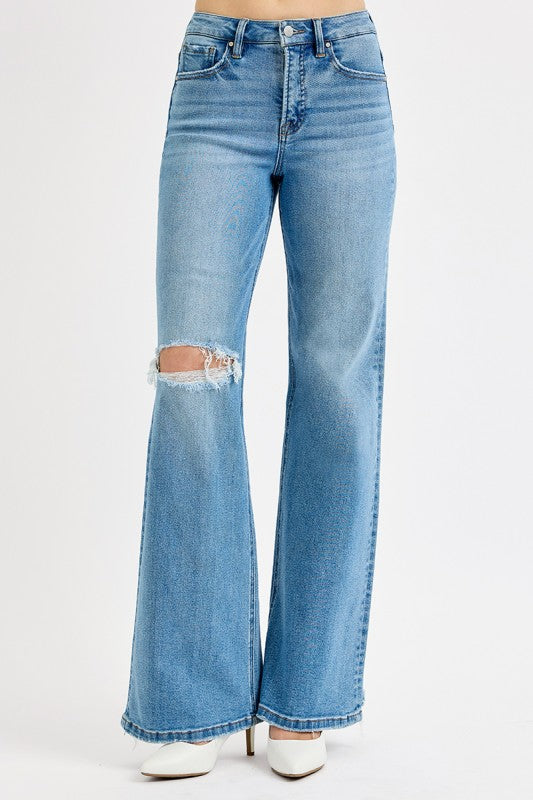 RISEN | Tummy Control High Rise Wide Leg Knee Distress