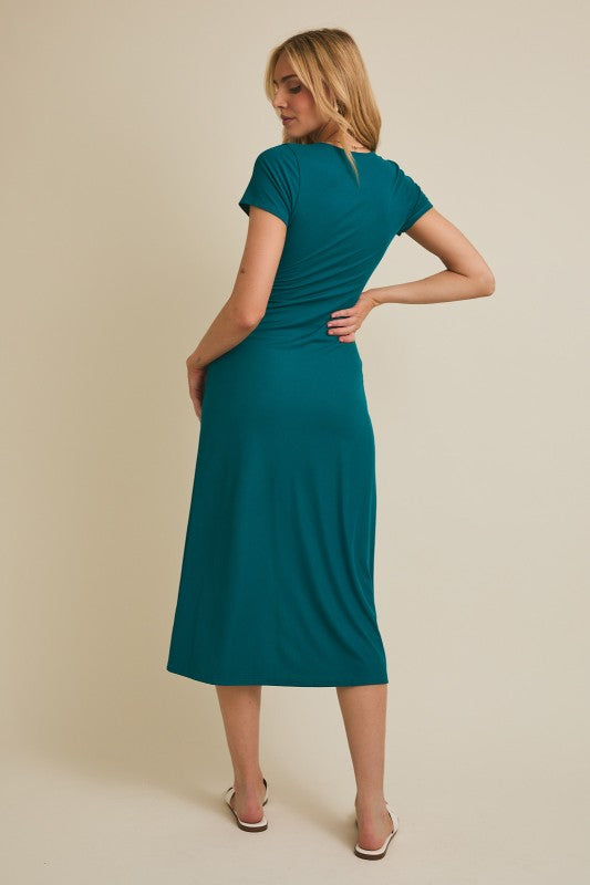 Short Sleeve Surplice Twist Wrap Midi Dress
