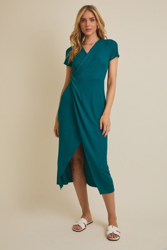Short Sleeve Surplice Twist Wrap Midi Dress
