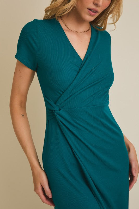 Short Sleeve Surplice Twist Wrap Midi Dress