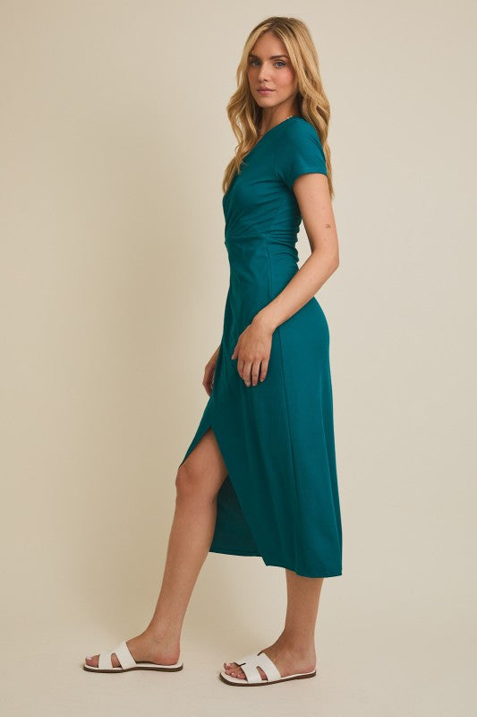 Short Sleeve Surplice Twist Wrap Midi Dress