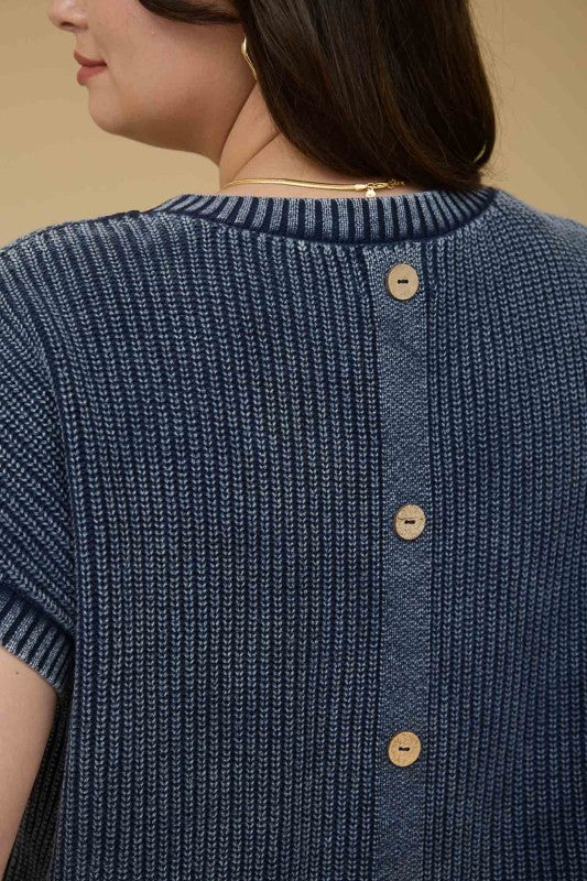 Washed Knit Short Tab Sleeve Pullover Sweater