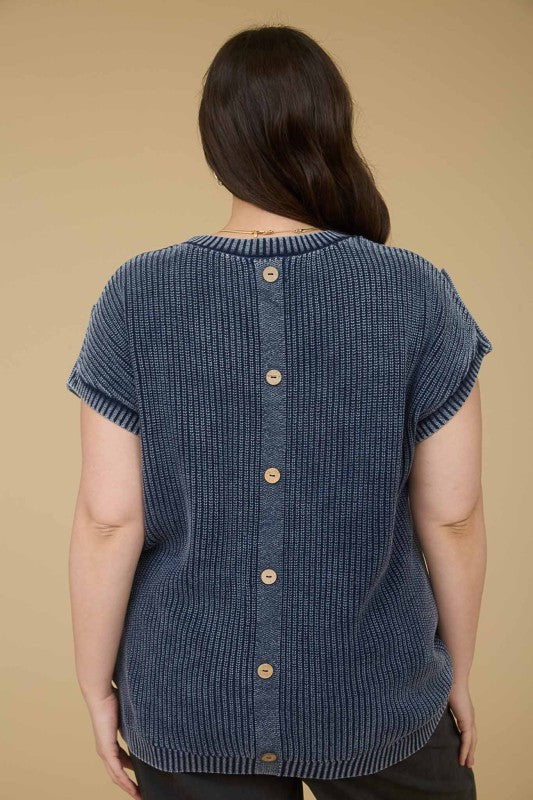 Washed Knit Short Tab Sleeve Pullover Sweater
