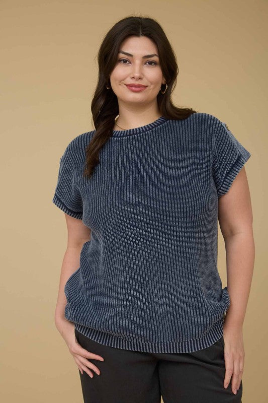 Washed Knit Short Tab Sleeve Pullover Sweater