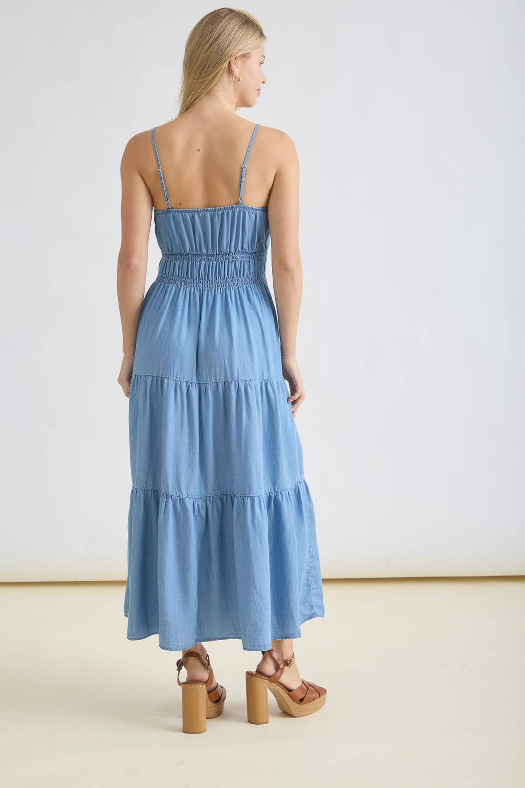 💙 Sweetheart Chambray Tiered Midi Dress