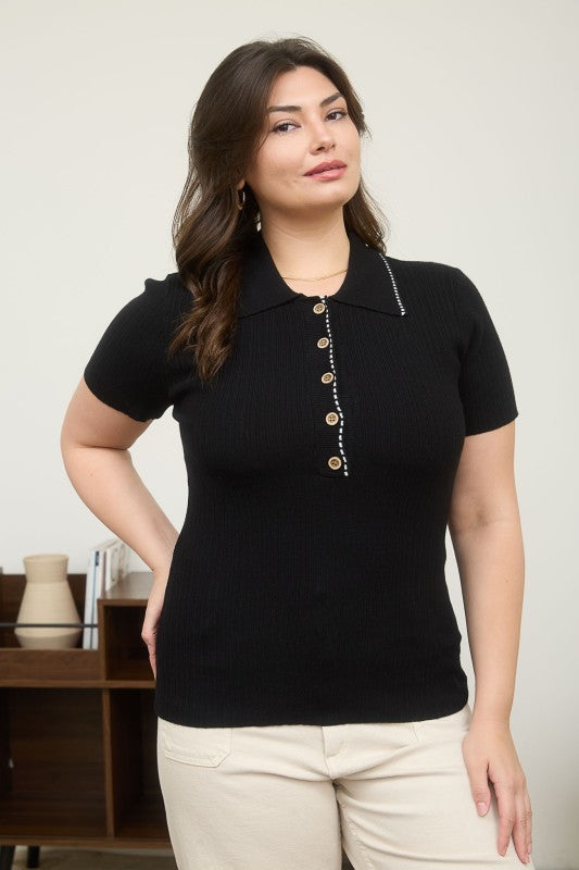 Contrast Trim Half Button Sweater Knit Polo