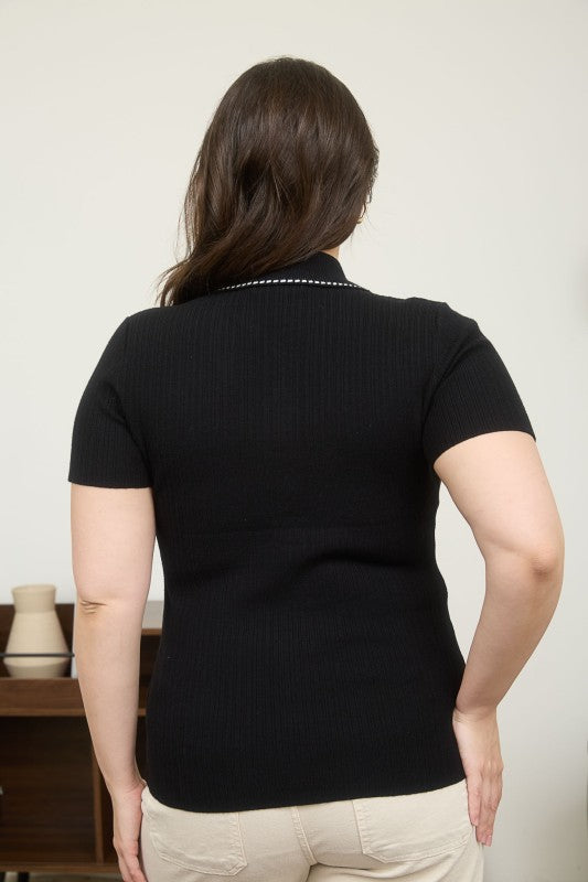 Contrast Trim Half Button Sweater Knit Polo