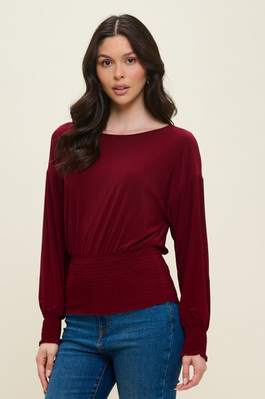 Dolman Long Sleeve Smocked Blouse - Wine