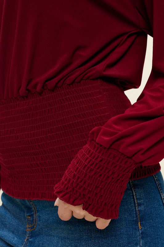 Dolman Long Sleeve Smocked Blouse - Wine