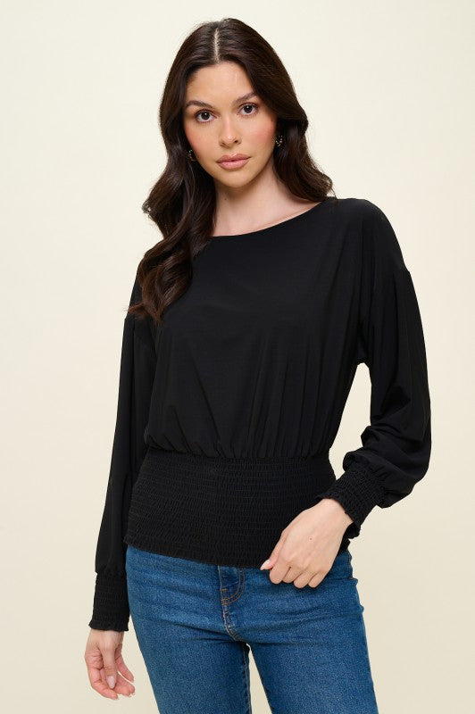 Dolman Long Sleeve Smocked Blouse - Black