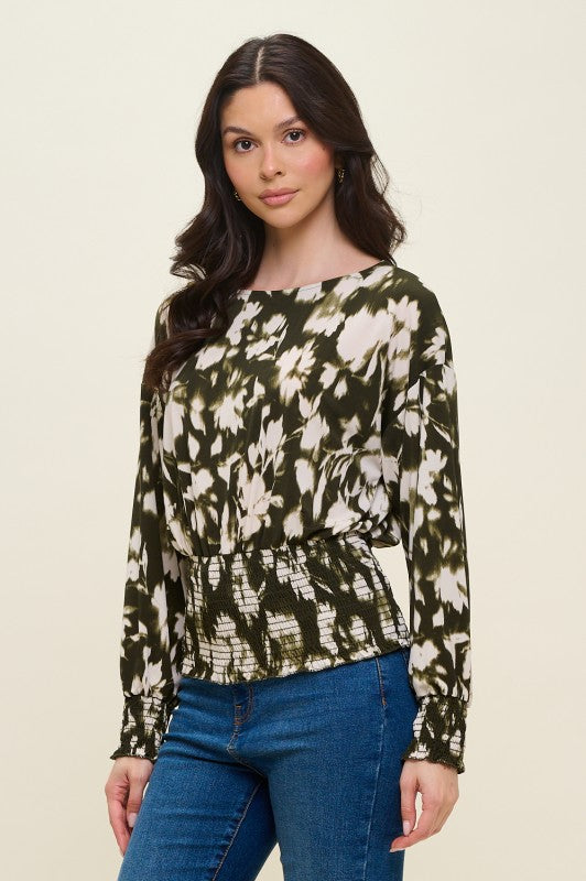 Dolman Long Sleeve Smocked Blouse - Olive Green