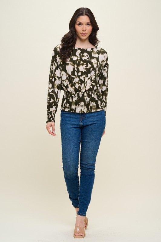 Dolman Long Sleeve Smocked Blouse - Olive Green