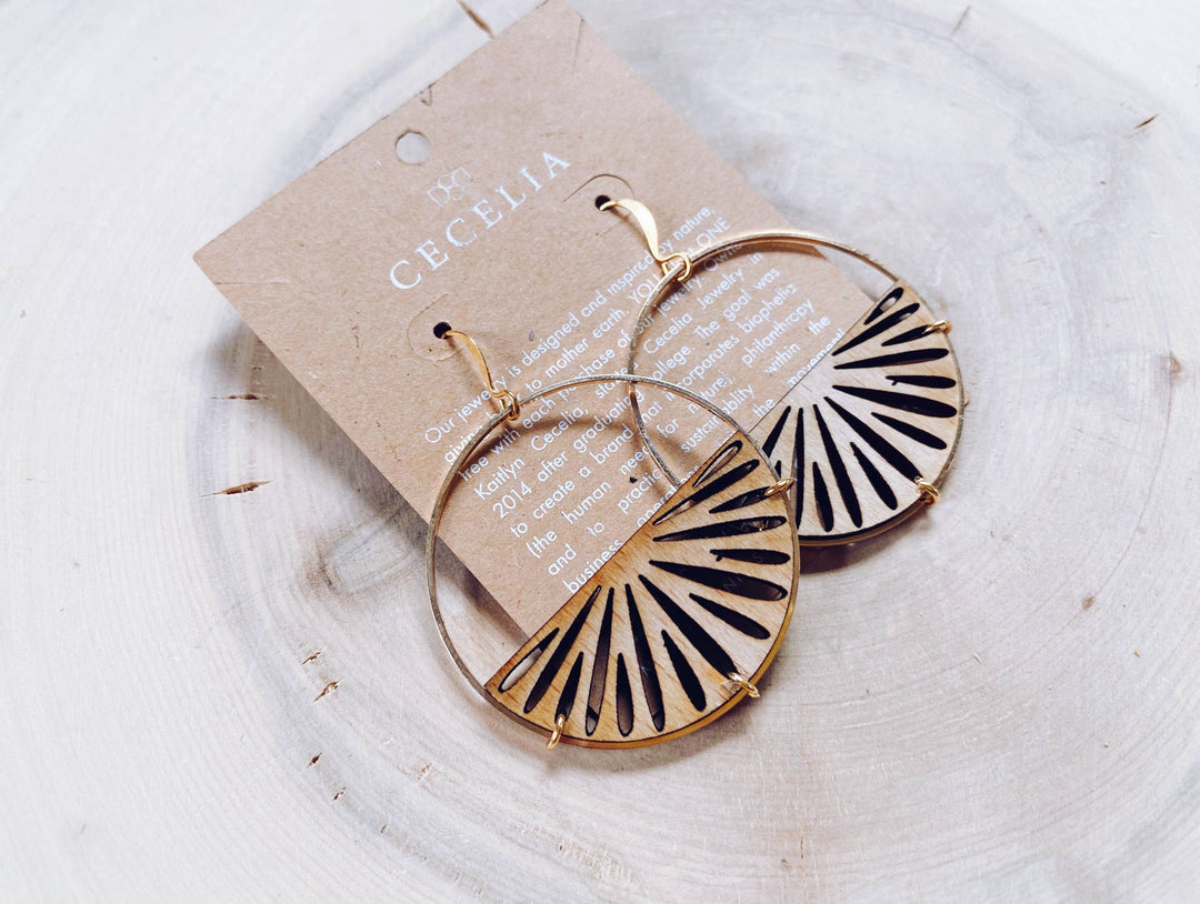 Gold Plated Half Moon and Wood Earrings