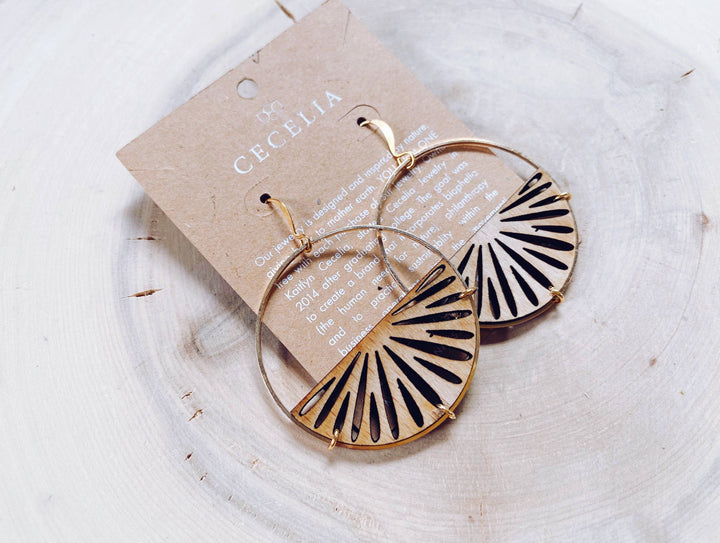 Gold Plated Half Moon and Wood Earrings