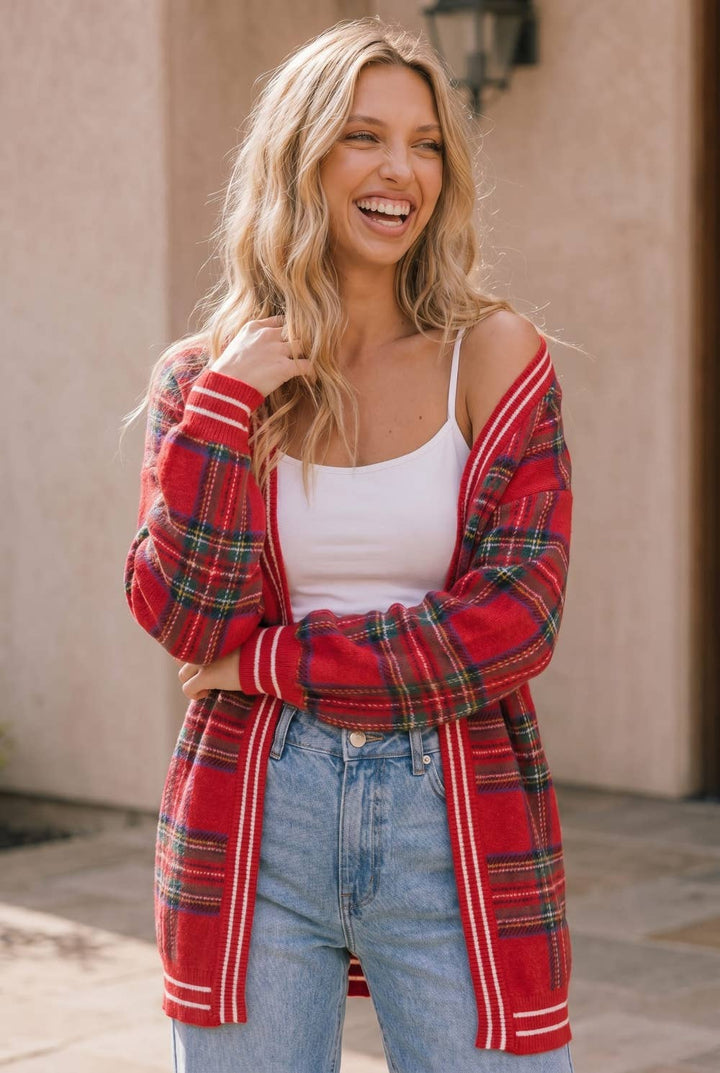 Red Plaid Open Front Knit Cardigan