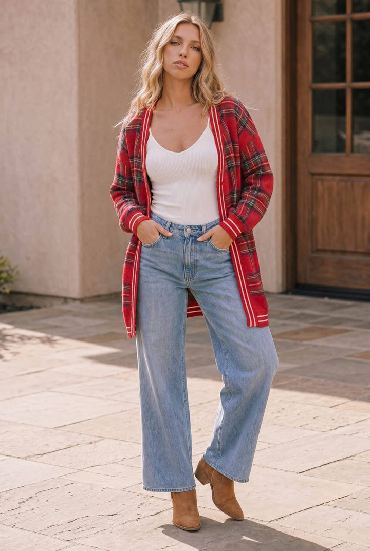 Red Plaid Open Front Knit Cardigan