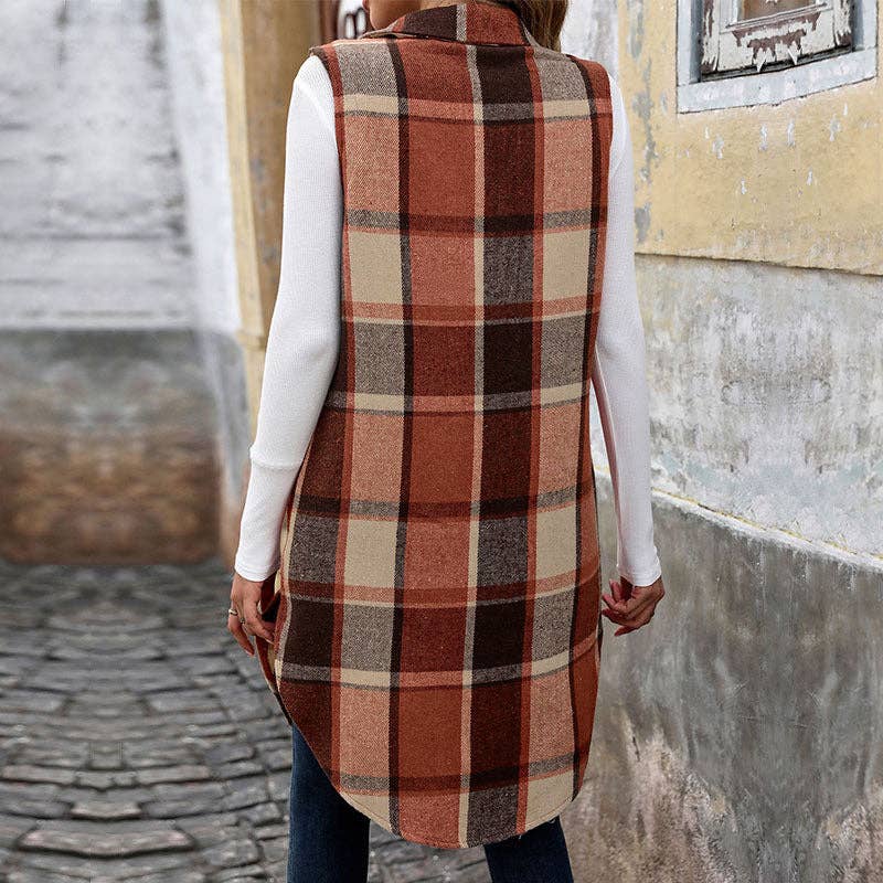 Sleeveless Lapel Cardigan Jacket Retro Plaid Vest