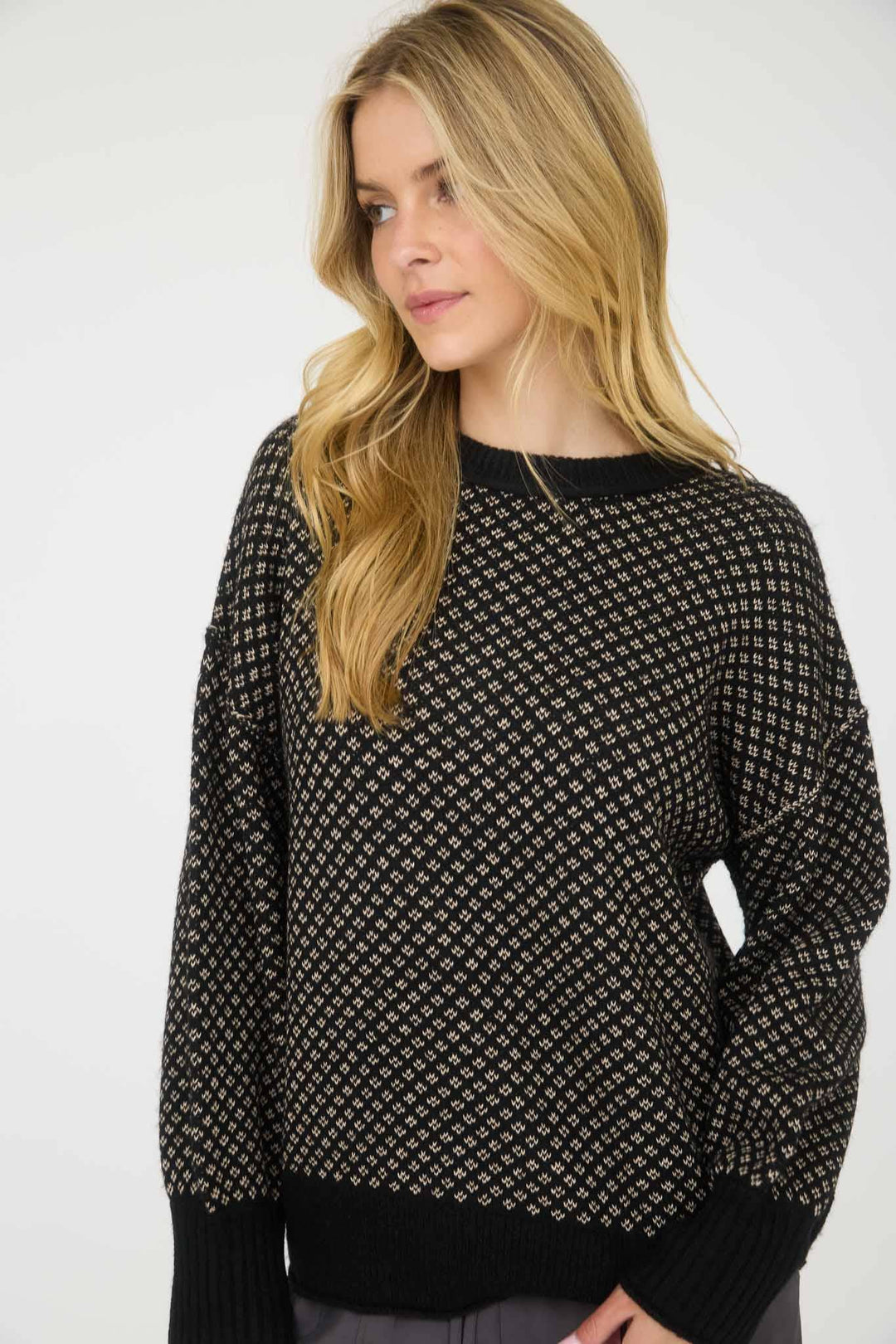 MINI JACQUARD CREW NECK LONG SLEEVE KNIT SWEATER