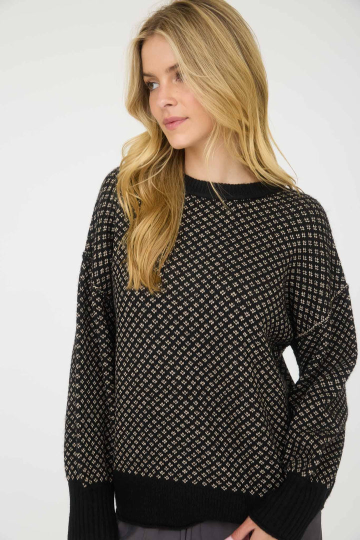 MINI JACQUARD CREW NECK LONG SLEEVE KNIT SWEATER