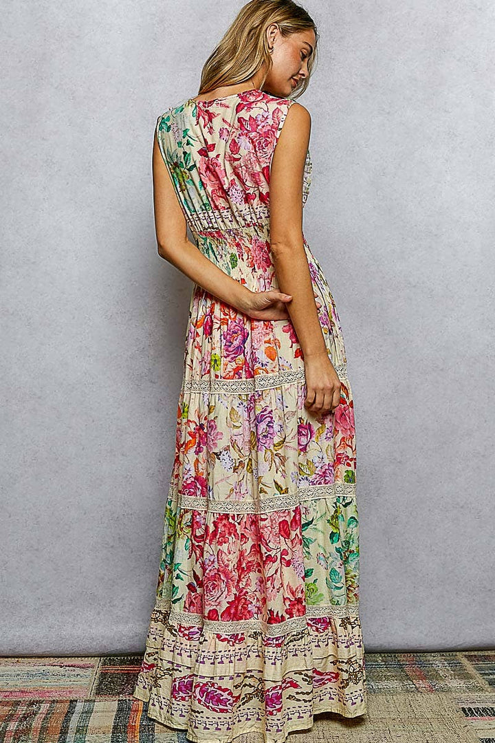 Feminine V-neck Smocked Waist Ruffle Floral Maxi Dress