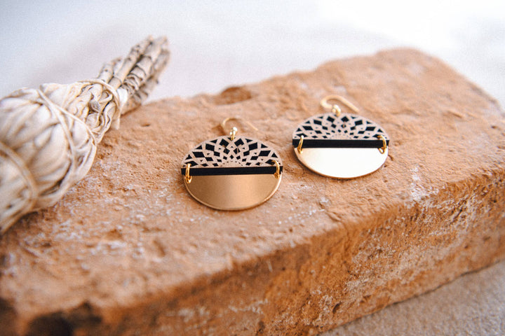 Gold Plated Half Moon and Wood Earrings