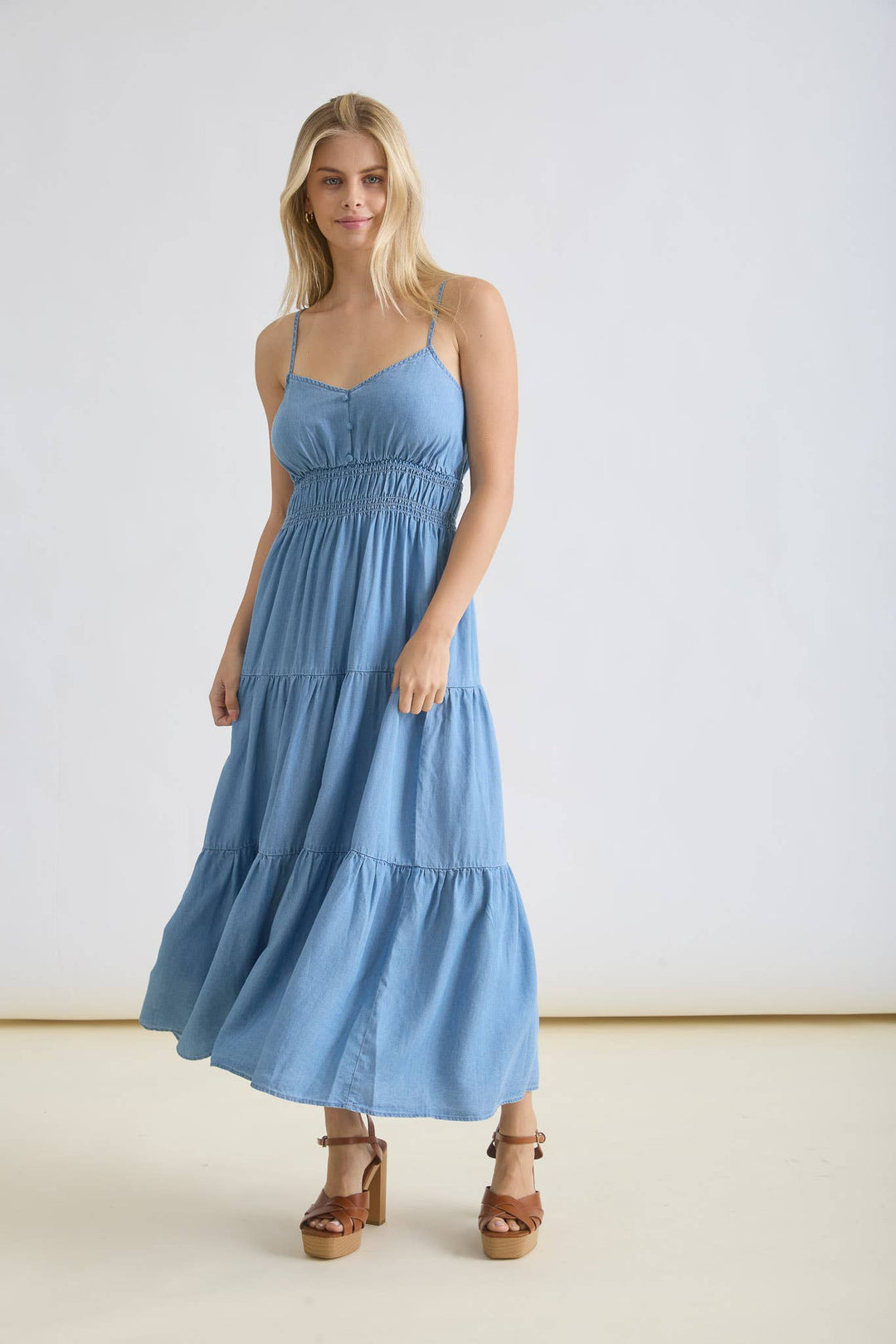 💙 Sweetheart Chambray Tiered Midi Dress