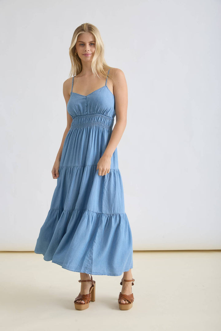 💙 Sweetheart Chambray Tiered Midi Dress