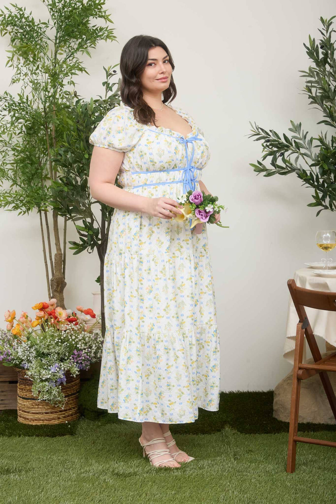 Floral Tile Tie-Front Midi Dress (Plus)
