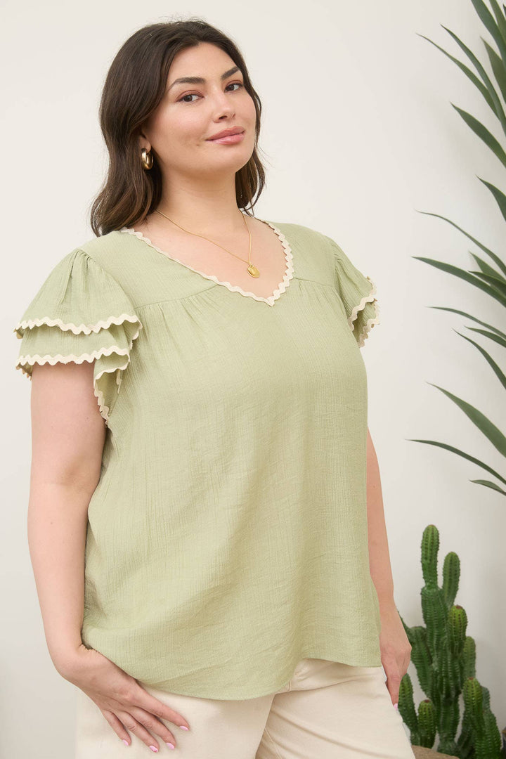 Wavy Trim Ruffle Sleeve Woven Top