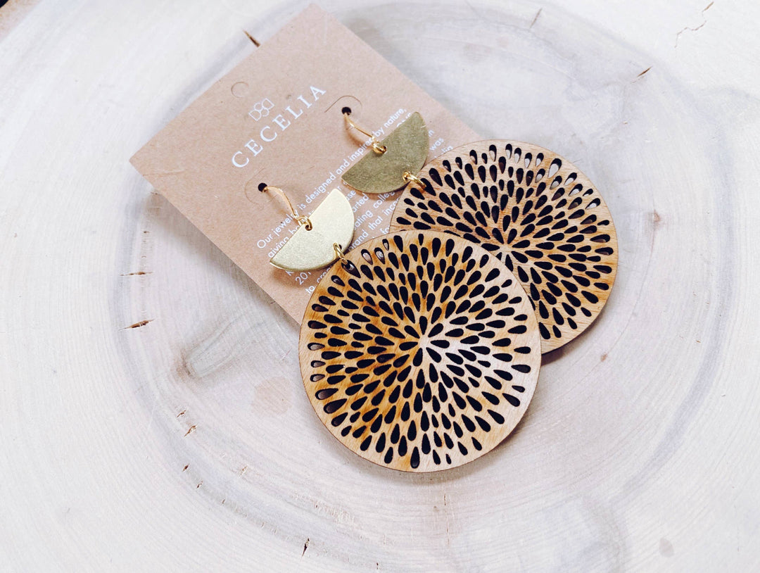 Gold Plated Half Moon and Wood Earrings