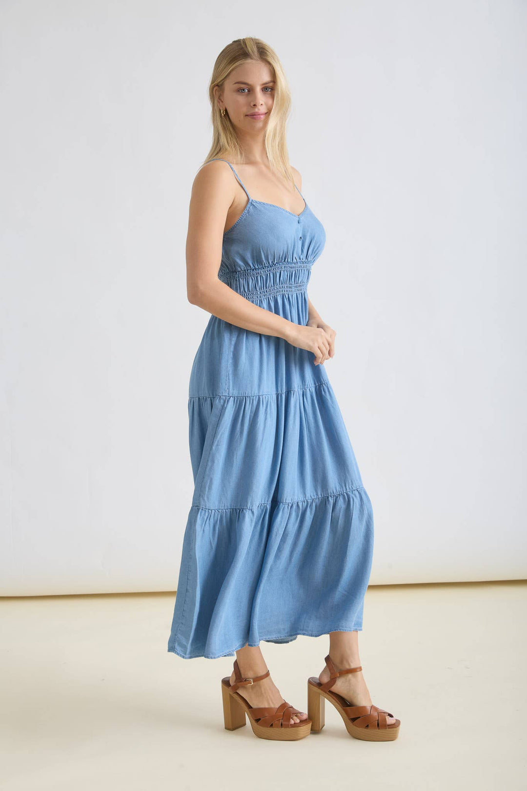 💙 Sweetheart Chambray Tiered Midi Dress