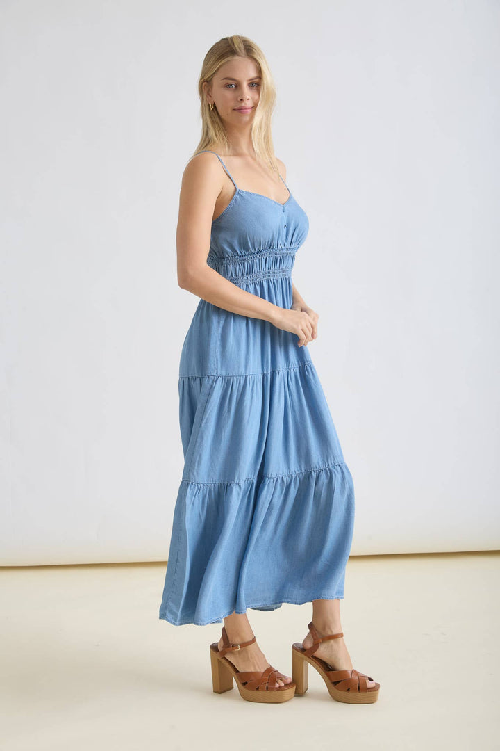 💙 Sweetheart Chambray Tiered Midi Dress