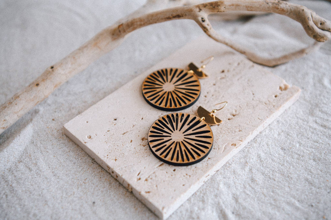Gold Plated Half Moon and Wood Earrings