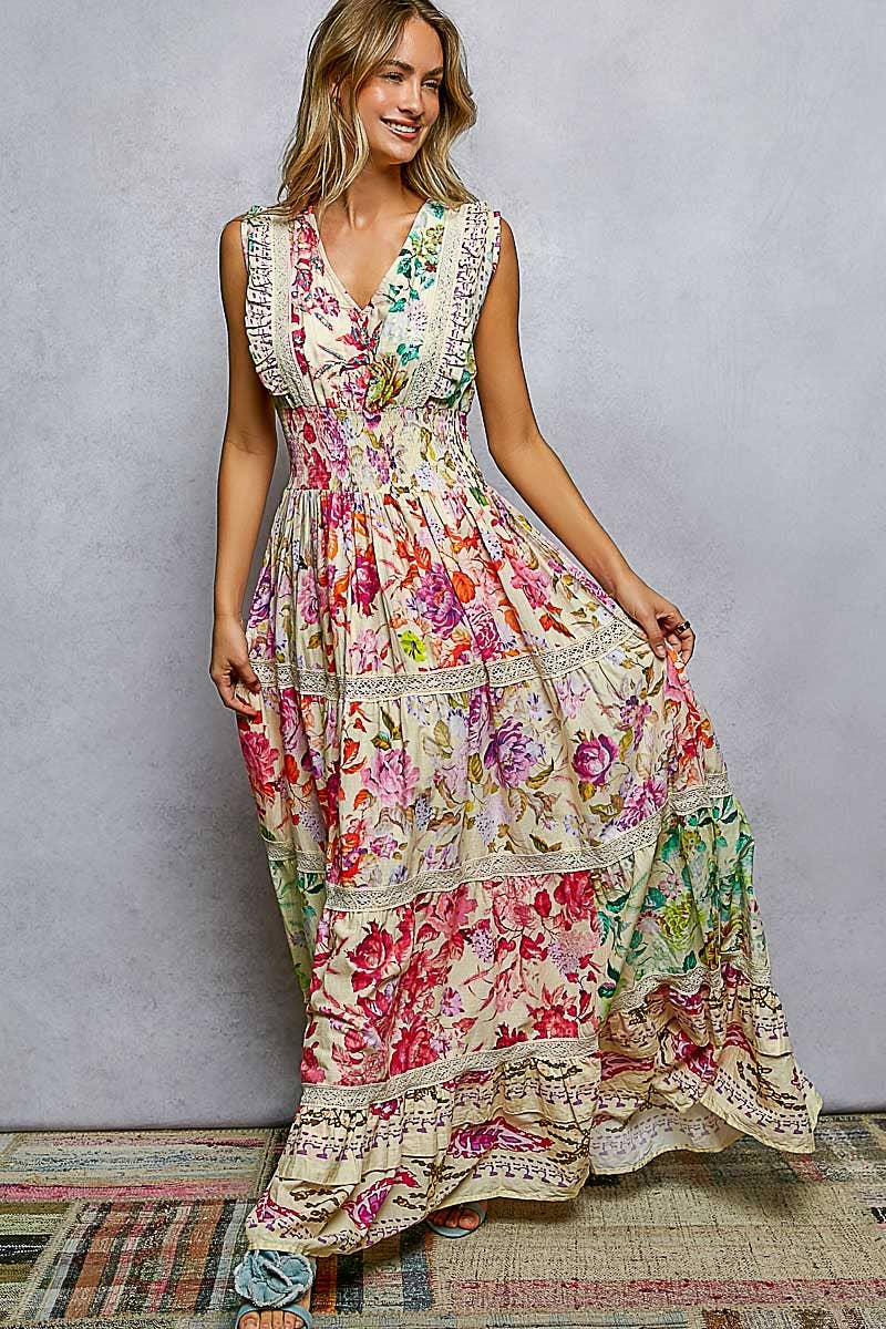 Feminine V-neck Smocked Waist Ruffle Floral Maxi Dress